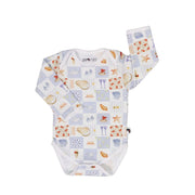 Classic long-sleeve onesie in By The Seaside print featuring boats, shells, starfish and coastal icons on soft cotton.