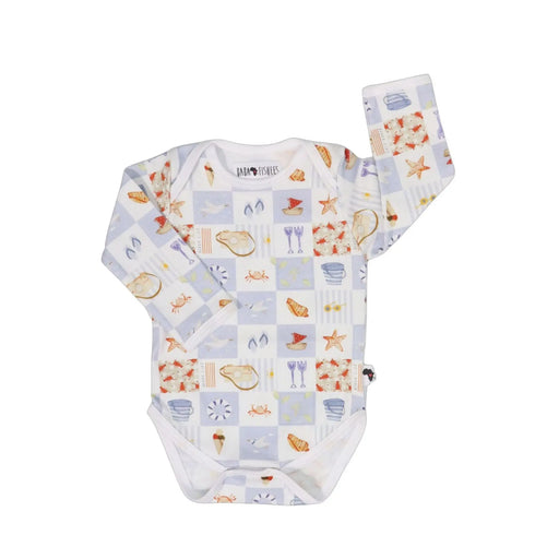 Classic long-sleeve onesie in By The Seaside print featuring boats, shells, starfish and coastal icons on soft cotton.