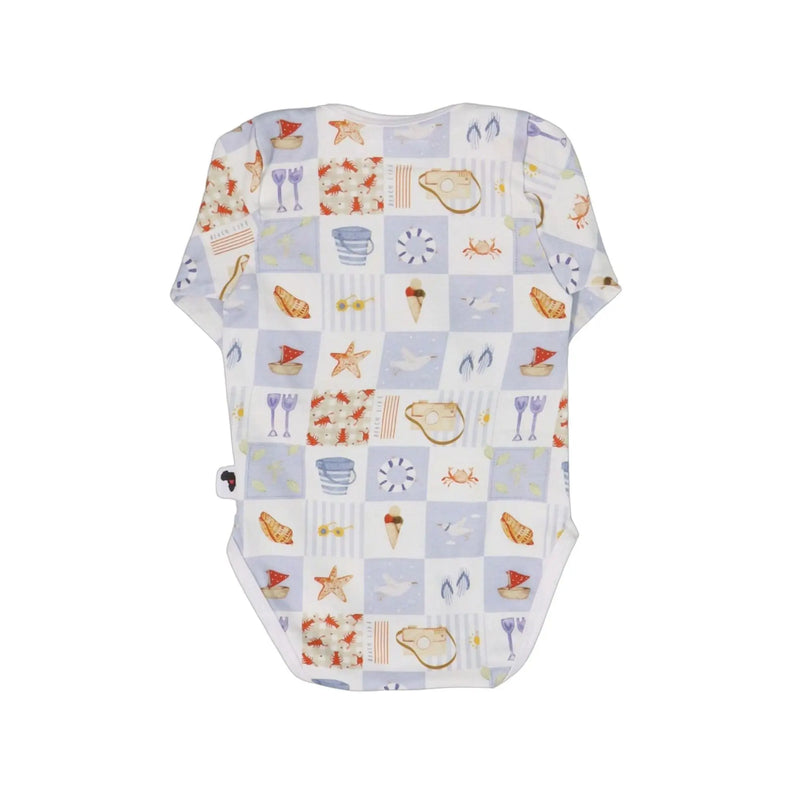 Back of Classic long-sleeve onesie in By The Seaside print featuring boats, shells, starfish and coastal icons on soft cotton.