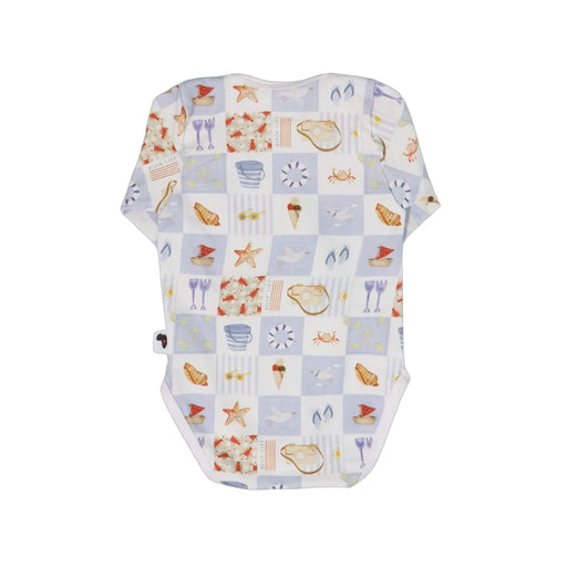 Back of Classic long-sleeve onesie in By The Seaside print featuring boats, shells, starfish and coastal icons on soft cotton.