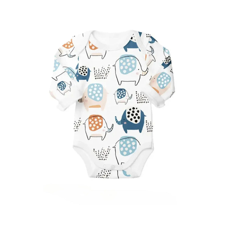 Classic Onesie – LS – Edward the Ellie, long-sleeved baby onesie in white with playful elephant print in blue, rust and black, soft cotton fabric, front view