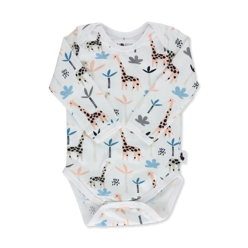 Front view of a long-sleeve baby onesie featuring a playful giraffe print with trees, designed for comfort and warmth, perfect for cooler weather.