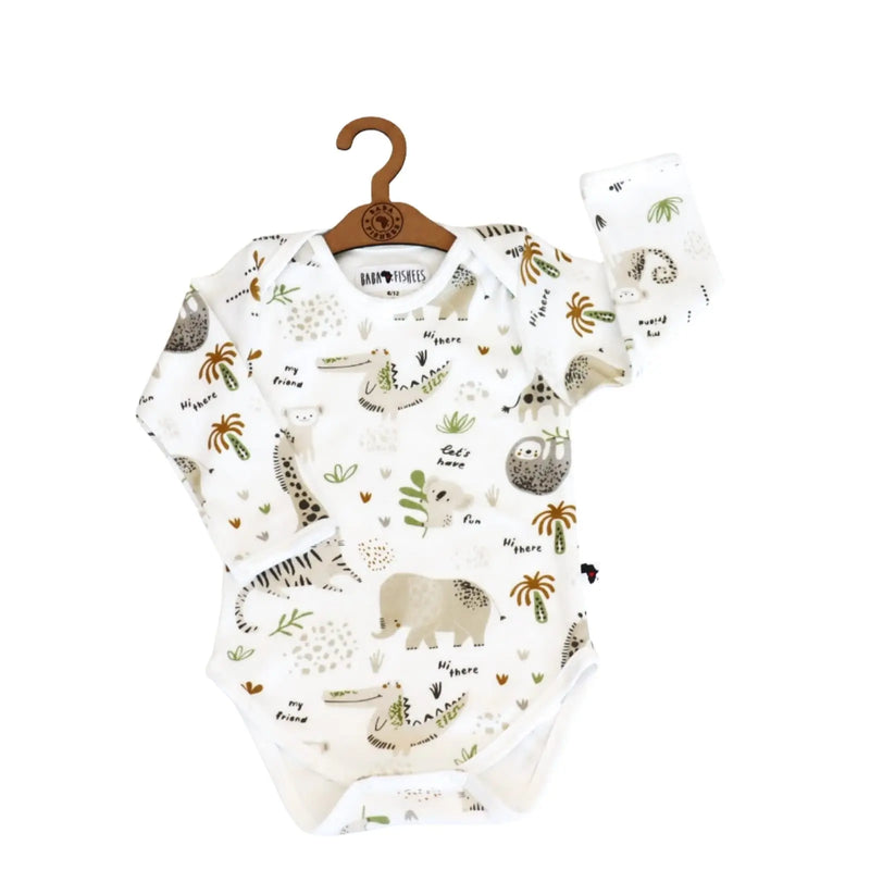 Classic Onesie – LS – Hi There White, long-sleeved baby onesie made from 95% cotton and 5% lycra, white base with neutral animal print including elephant, tiger, sloth and crocodile, front view.