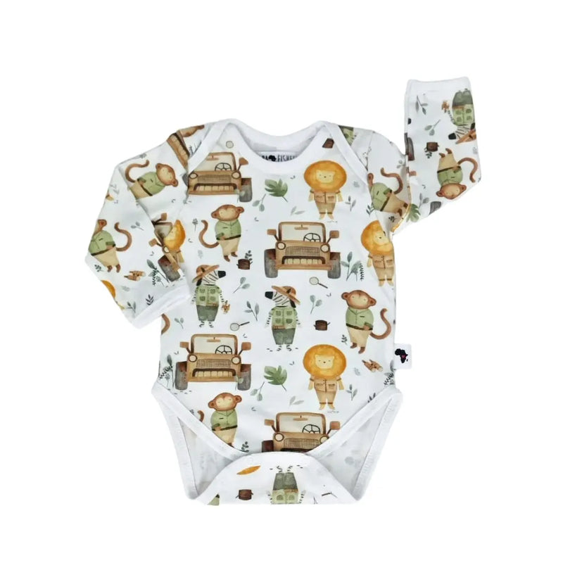 Classic Onesie – LS – Jeep Safari, long-sleeved baby onesie made from 95% cotton and 5% lycra, white base with safari animal and jeep print featuring lion and monkey, front view