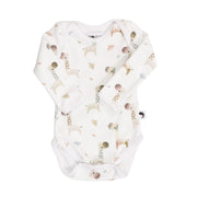 Classic Onesie - LS - Kameelperd featuring long sleeves, soft cotton stretch fabric, and a muted earthy coloured giraffe print with envelope neckline and snap-button closure.