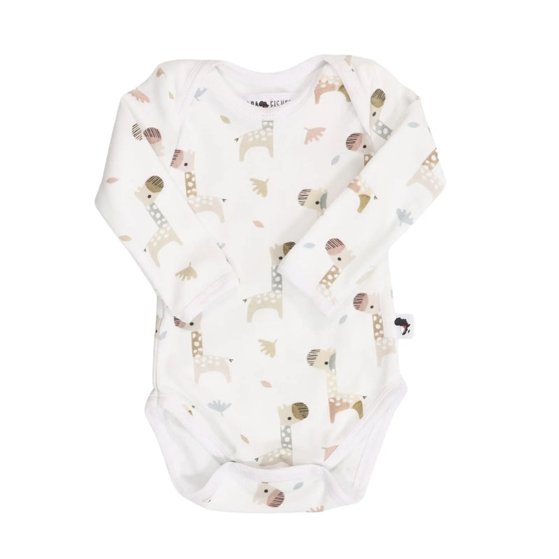 Classic Onesie - LS - Kameelperd featuring long sleeves, soft cotton stretch fabric, and a muted earthy coloured giraffe print with envelope neckline and snap-button closure.