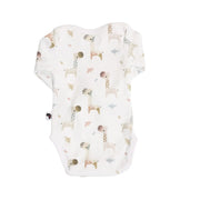 Back view of a Classic Onesie - LS - Kameelperd featuring long sleeves, soft cotton stretch fabric, and a muted earthy coloured giraffe print with envelope neckline and snap-button closure.