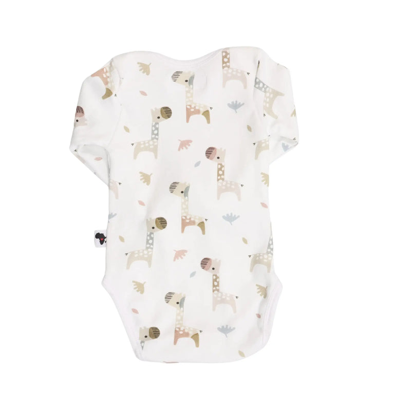 Back view of a Classic Onesie - LS - Kameelperd featuring long sleeves, soft cotton stretch fabric, and a muted earthy coloured giraffe print with envelope neckline and snap-button closure.