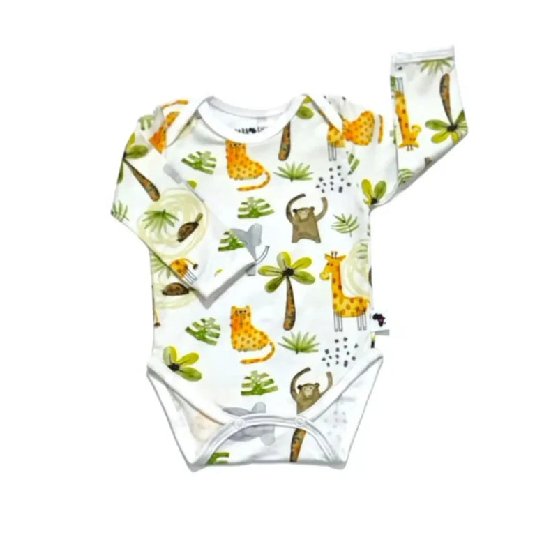 Classic Onesie – LS – Monkey Business, long-sleeved baby onesie made from 95% cotton and 5% lycra, white base with monkey and jungle animal print, front view