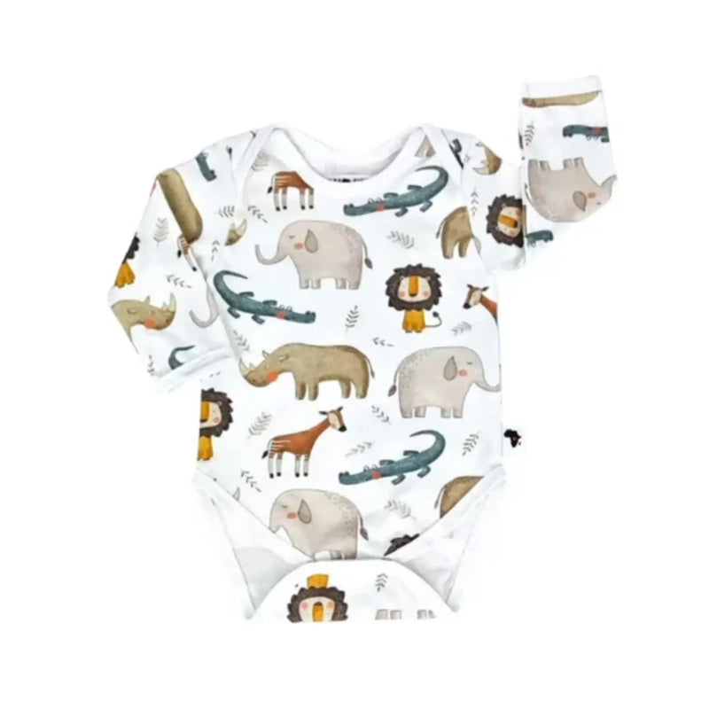 Classic Onesie – LS – Okapi, long-sleeved baby onesie made from 95% cotton and 5% lycra, white base with okapi, elephant and safari animal print, front view