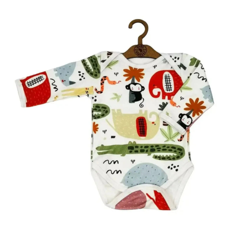 Classic Onesie – LS – Rust Ellie, long-sleeved baby onesie made from 95% cotton and 5% lycra, white base with elephant, monkey and safari-inspired print in rust, green and neutral tones, front view