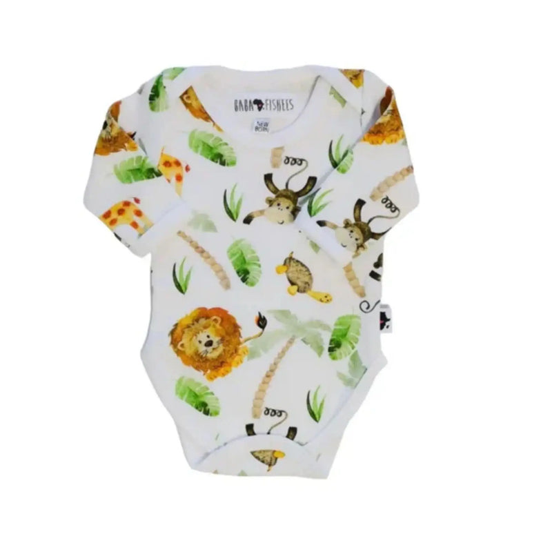 Classic Onesie – LS – Simba Watercolour, long-sleeved baby onesie made from 95% cotton and 5% lycra, white base with watercolour lion, giraffe and safari leaf print, front view
