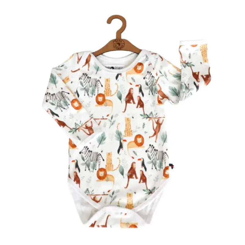 Classic Onesie – LS – Watercolour Jungle long-sleeved baby onesie with watercolour jungle animal print made from cotton and lycra