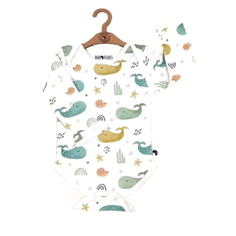 Classic Onesie – LS – Whales on White long-sleeved baby onesie with whale print made from cotton and lycra