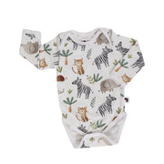 Classic Onesie – LS – Zebra Party long-sleeve baby onesie made from cotton and lycra with zebra and safari animal print, front view.