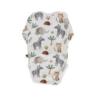 Classic Onesie – LS – Zebra Party long-sleeve baby onesie made from cotton and lycra with zebra and safari animal print, back view.