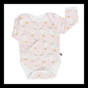 Classic Onesie – Silly Goose long sleeve baby onesie in soft pink with goose print, made from 95% cotton and 5% lycra, front view.