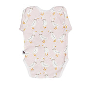 Classic Onesie – Silly Goose long sleeve baby onesie in soft pink with goose print, made from 95% cotton and 5% lycra, back view.