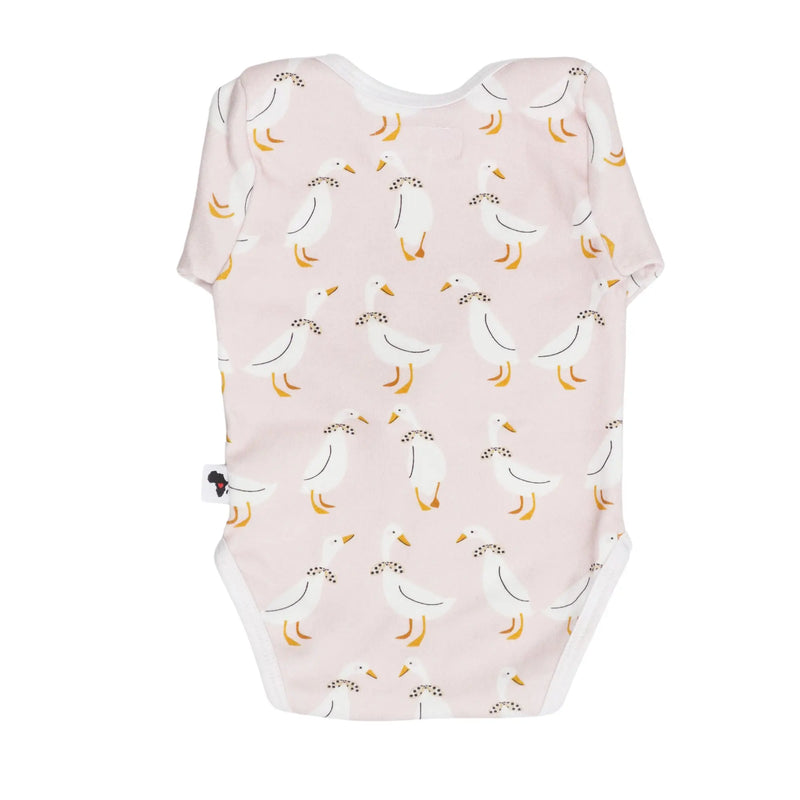 Classic Onesie – Silly Goose long sleeve baby onesie in soft pink with goose print, made from 95% cotton and 5% lycra, back view.