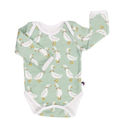 Classic Onesie – Silly Goose long sleeve baby onesie in sage green with goose print, made from 95% cotton and 5% lycra, front view