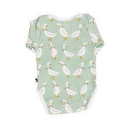 Classic Onesie – Silly Goose long sleeve baby onesie in sage green with goose print, made from 95% cotton and 5% lycra, back view.