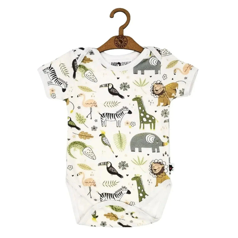 A short-sleeve baby onesie featuring safari-themed prints with lions, zebras, giraffes, and elephants, designed for comfort and play.