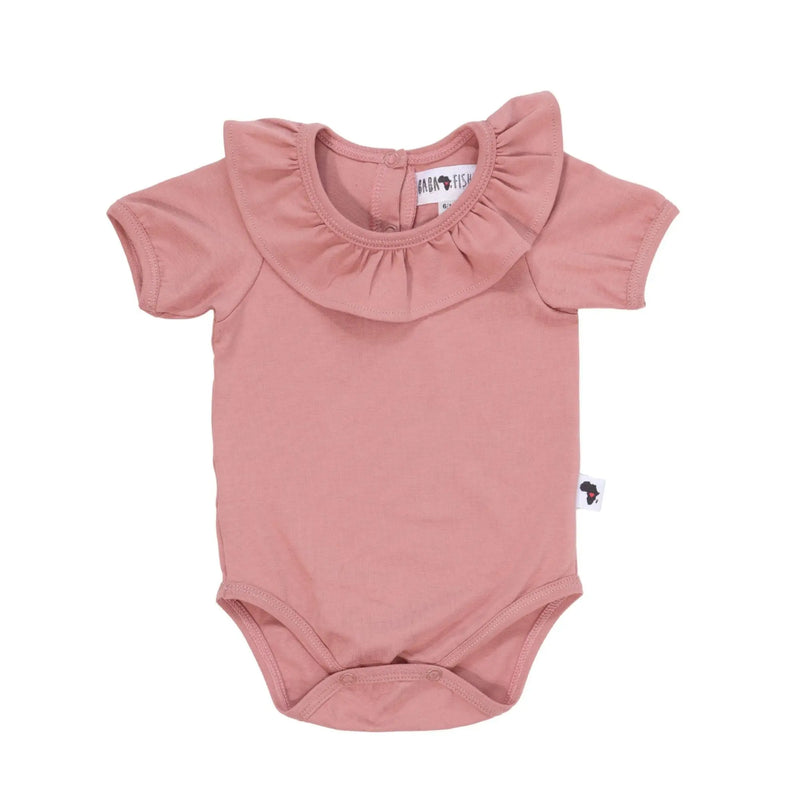 Blush pink short sleeve frilly neck baby onesie