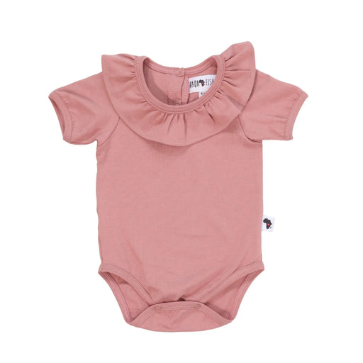 Blush pink short sleeve frilly neck baby onesie