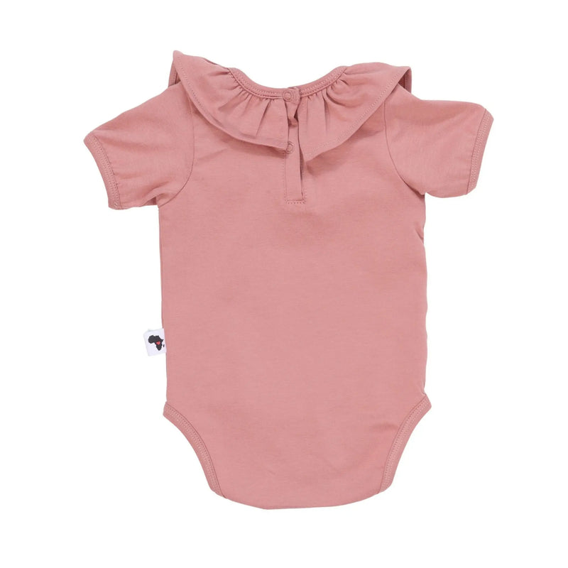 Back view of Blush pink short sleeve frilly neck baby onesie