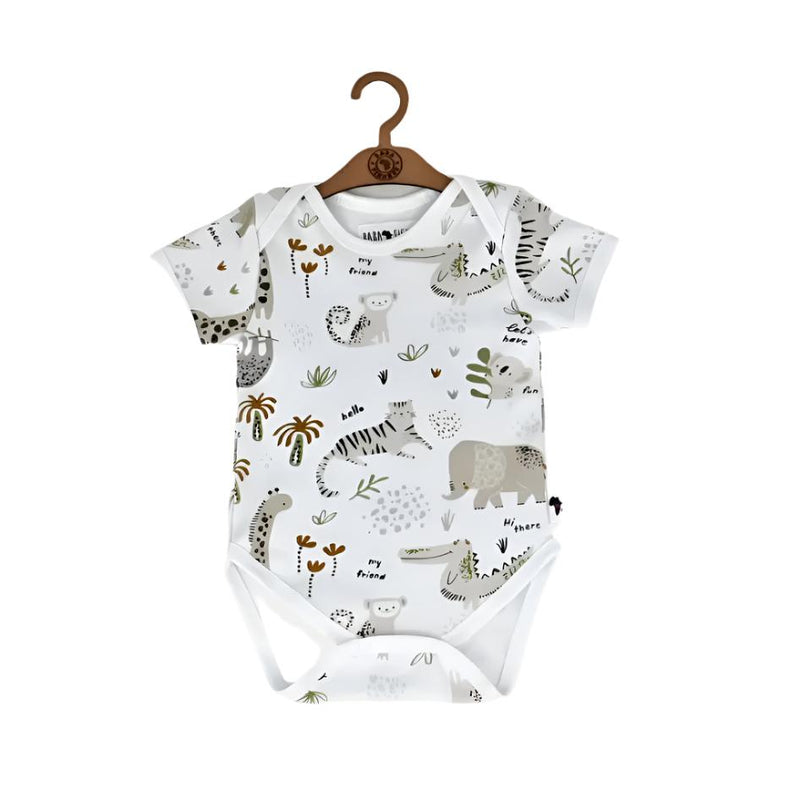 Classic Onesie short sleeve baby onesie in Hi There White print with safari animals in neutral tones on a white background
