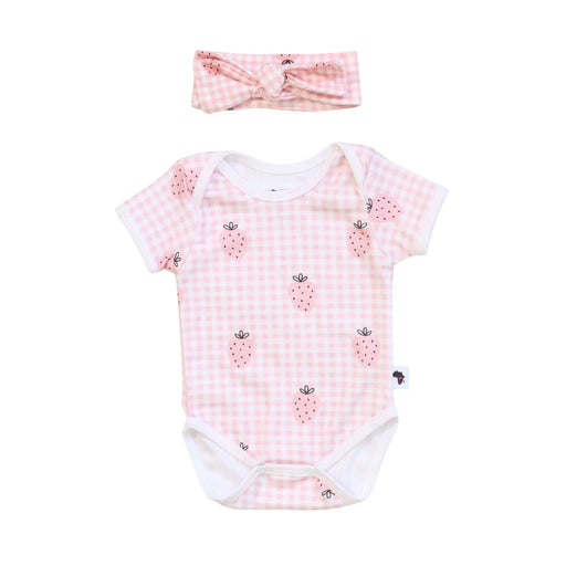 Pink gingham baby onesie with strawberry print and matching Lola Headband – cotton/lycra blend.