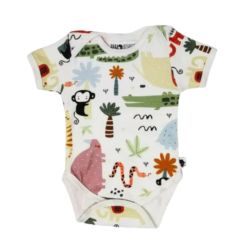Short-sleeve baby onesie featuring a safari-inspired design with monkeys, crocodiles, snakes, palm trees, and colourful patterns on a white background. Made from a soft cotton-lycra blend with snap closures for easy changes.