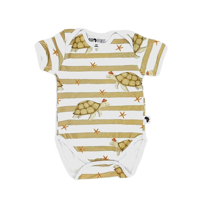 Classic Onesie short sleeve baby onesie in Ted the Turtle print with turtles, sandy stripes and orange starfish on a white background