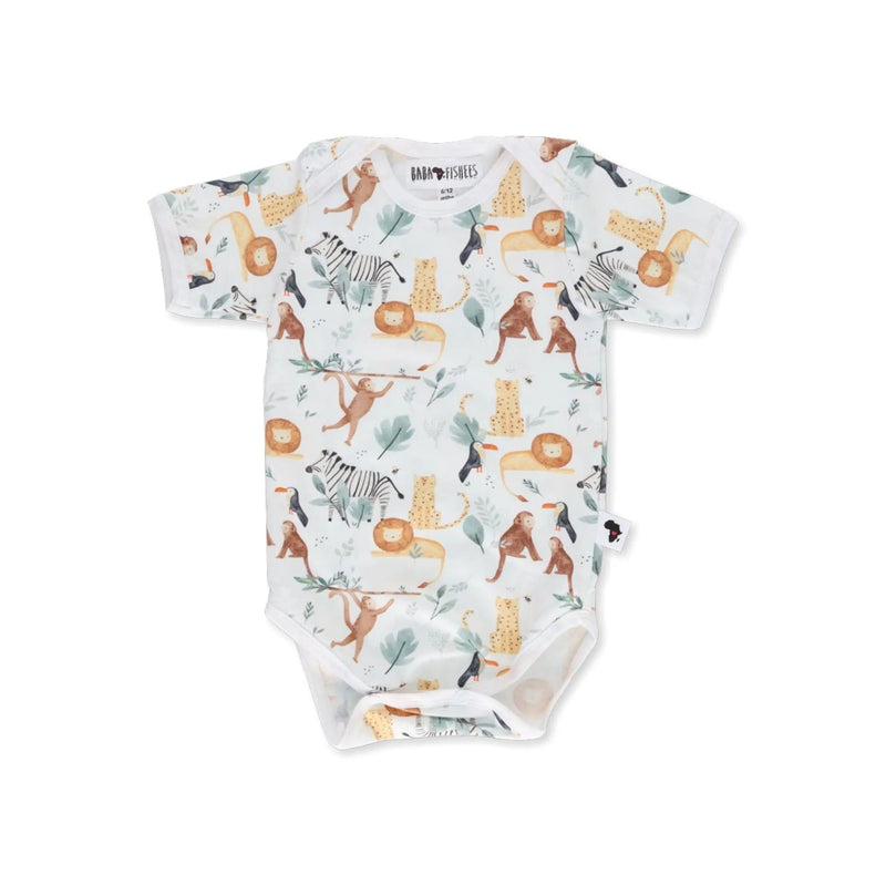 Front view of a White short-sleeve classic onesie featuring a watercolour jungle print with lions, monkeys, zebras, cheetahs, and toucans from BabaFishees