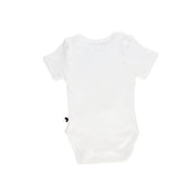 Back view of a plain white baby onesie with short sleeves, envelope neckline, and bottom snap closures, made from soft and stretchy cotton-lycra blend for ultimate comfort.