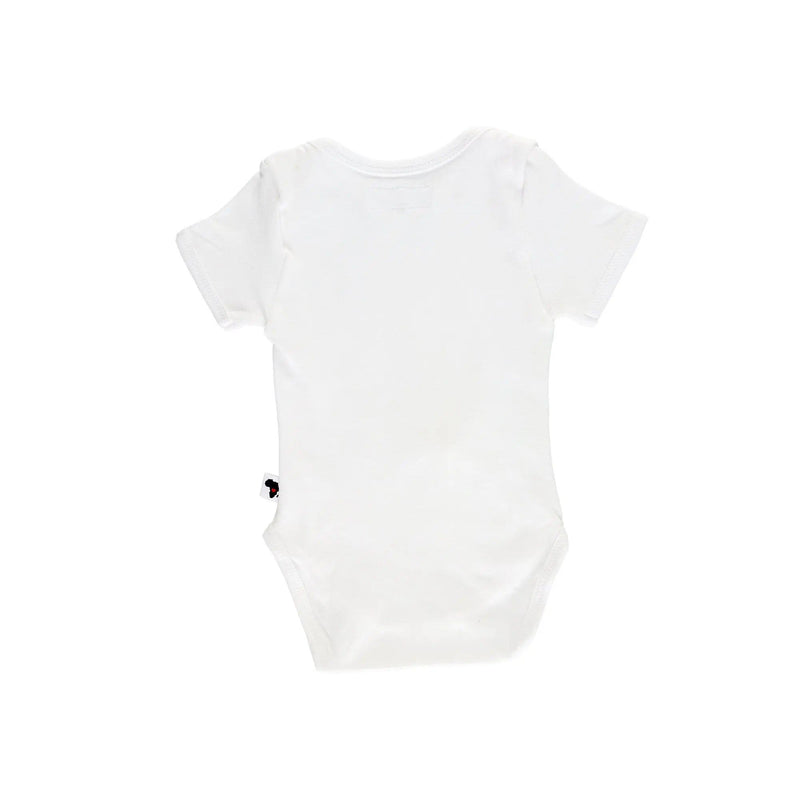Back view of a plain white baby onesie with short sleeves, envelope neckline, and bottom snap closures, made from soft and stretchy cotton-lycra blend for ultimate comfort.