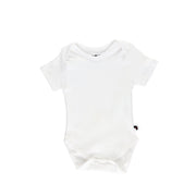 Front view of a plain white baby onesie with short sleeves, envelope neckline, and bottom snap closures, made from soft and stretchy cotton-lycra blend for ultimate comfort.