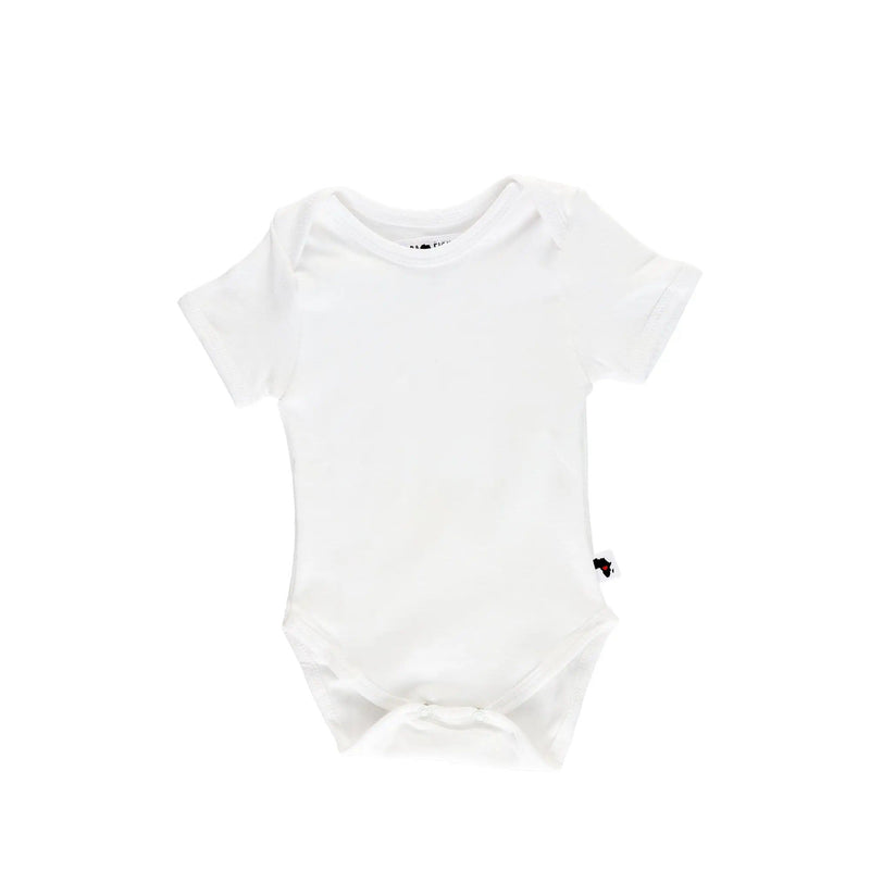 Front view of a plain white baby onesie with short sleeves, envelope neckline, and bottom snap closures, made from soft and stretchy cotton-lycra blend for ultimate comfort.