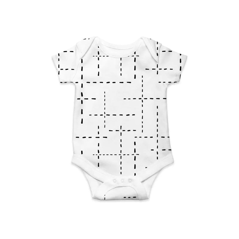 Classic Onesie short sleeve baby onesie in white with black dash line grid print on a white background