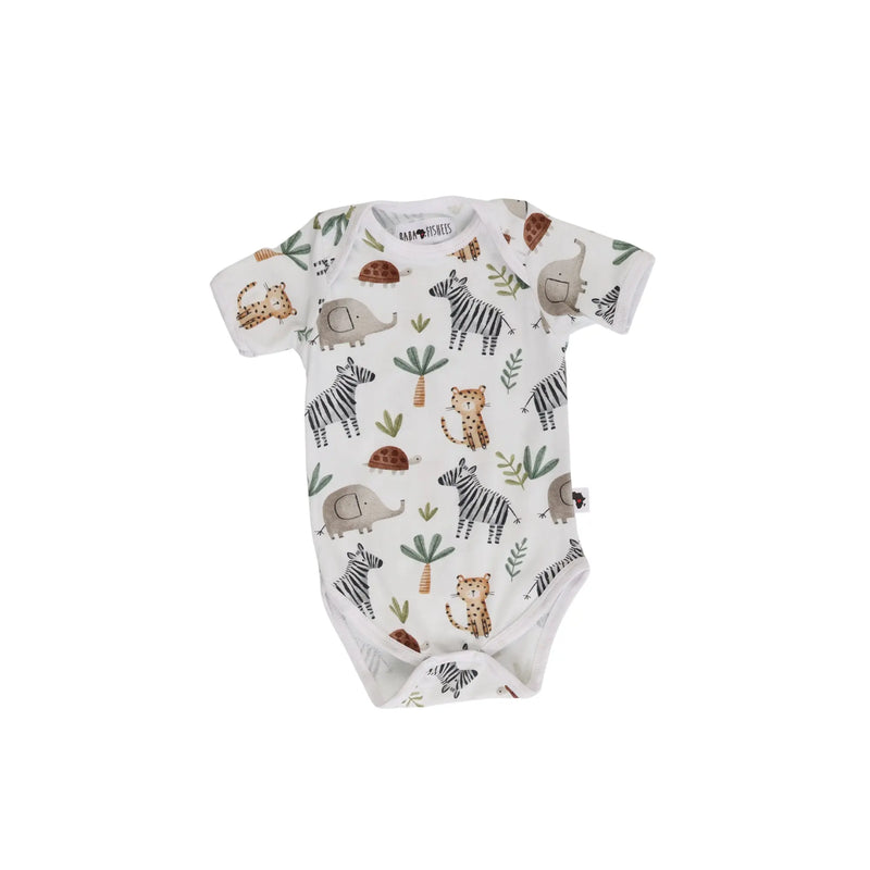 Classic Onesie short sleeve baby onesie in Zebra Party print with zebras, elephants, cheetahs, tortoises and palm leaves on a white background