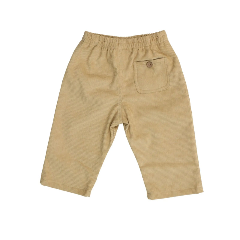 Back view of Corduroy Pants in Beige with adjustable waistband and back pocket button detail.