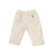 Back view ofCorduroy Pants in Cream with adjustable waistband and back pocket button detail.