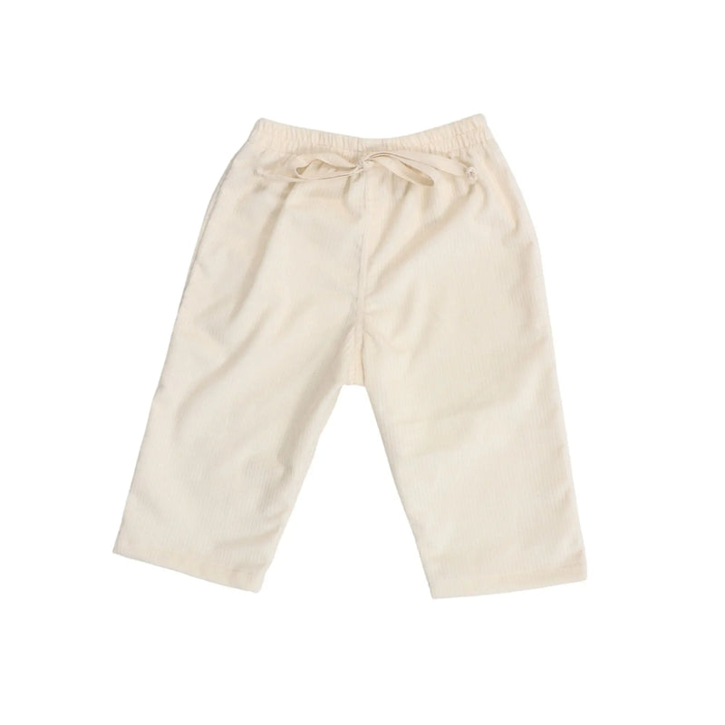 Corduroy Pants in Cream with adjustable waistband and tie.