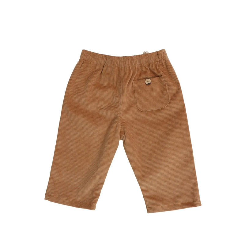 Corduroy Pants in Tan with adjustable waistband and back pocket button detail.