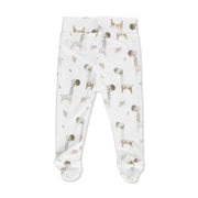 CUFF PANTS - KAMEELPERD White baby footy pants with giraffe and neutral animal print