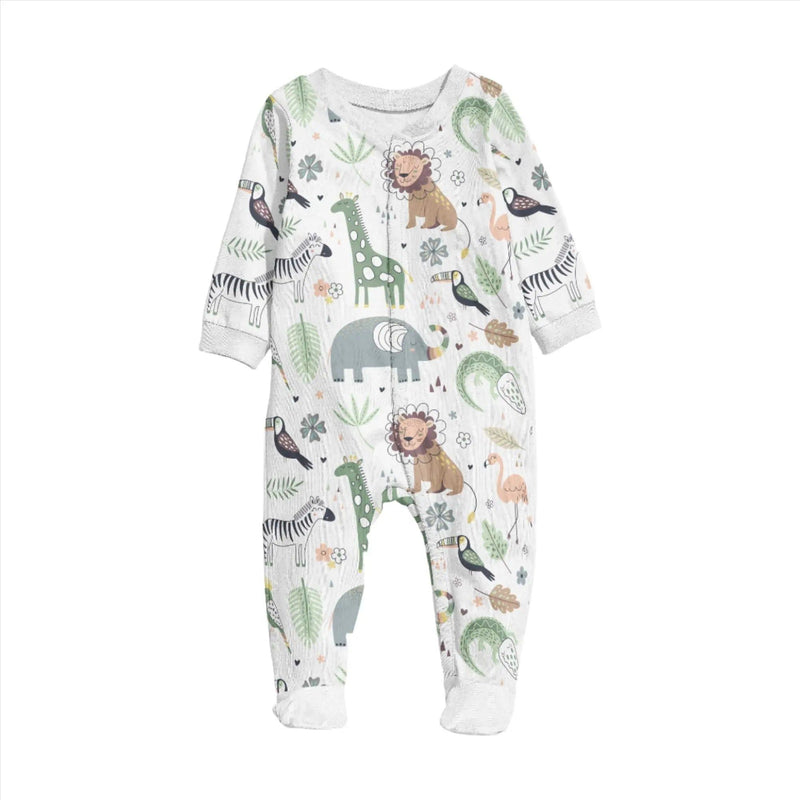 A baby romper featuring African safari-themed prints, including lions, zebras, giraffes, and leafy greenery, with full foot coverage for added warmth.