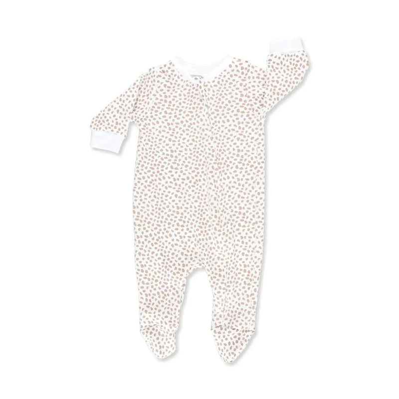 Front view of a white footy romper with an abstract caramel-coloured splotch print from BabaFishees.
