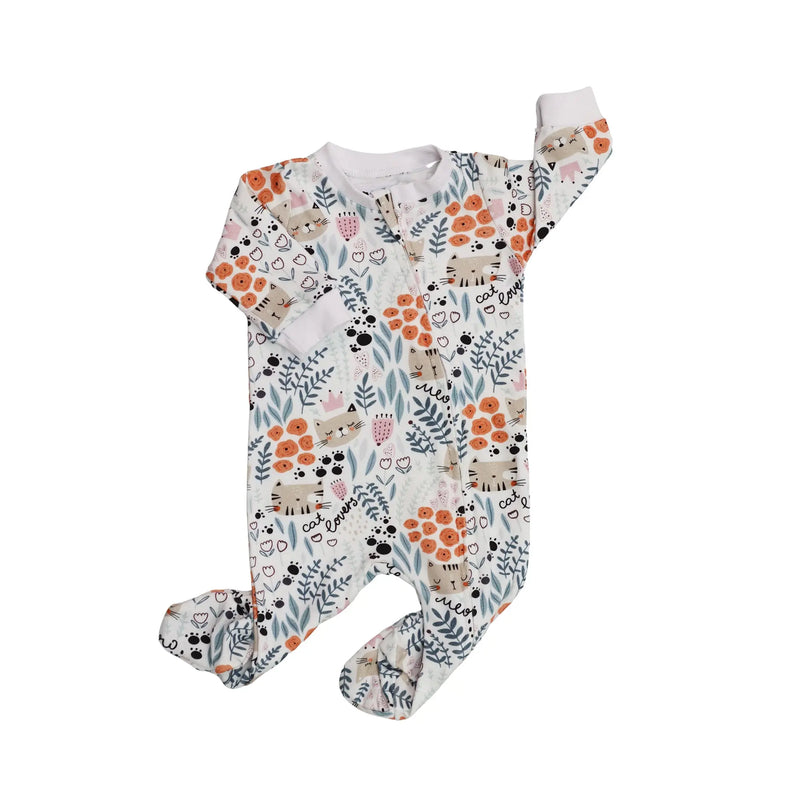 Front view of Footy Romper - Cat Lover with playful cat and floral print, cotton/lycra fabric, enclosed feet and zip closure.