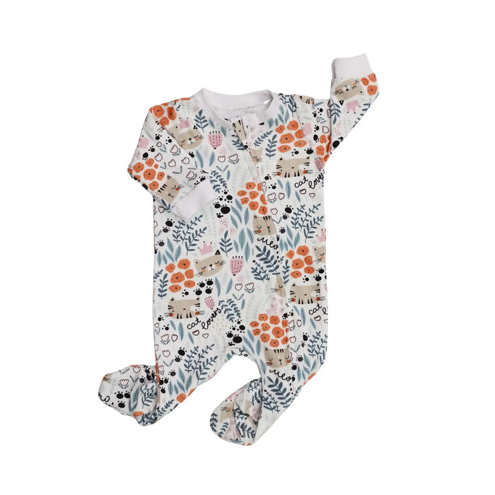 Front view of Footy Romper - Cat Lover with playful cat and floral print, cotton/lycra fabric, enclosed feet and zip closure.