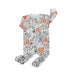 Front view of Footy Romper - Cat Lover with playful cat and floral print, cotton/lycra fabric, enclosed feet and zip closure.